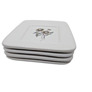 Signature Housewares Flower Sketch Plates Set 4 Stoneware 6” Square